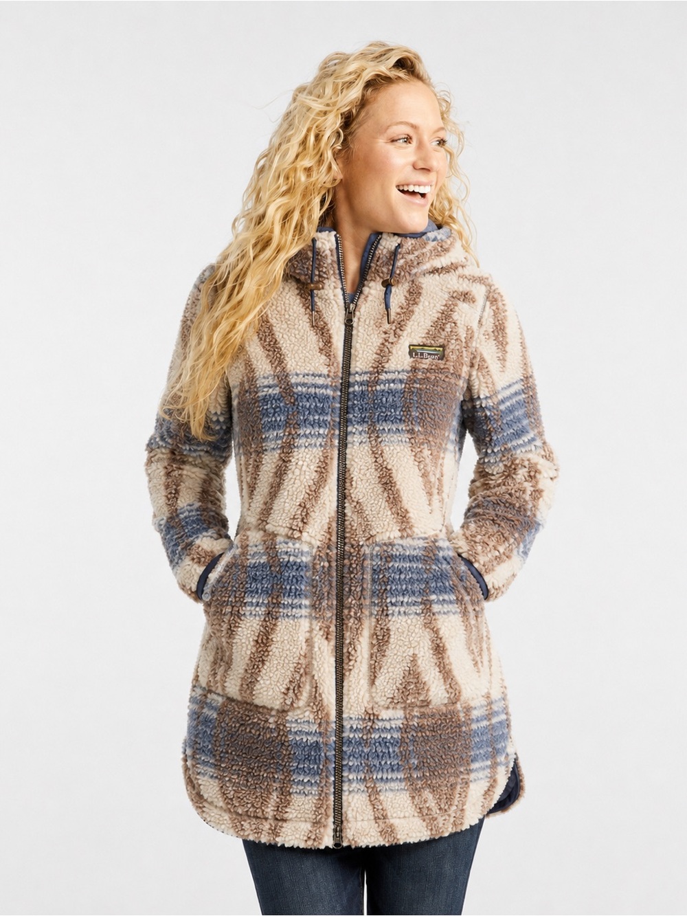 L.L.Bean Mountain Pile Sherpa Fleece Coat Plaid Hooded Jacket